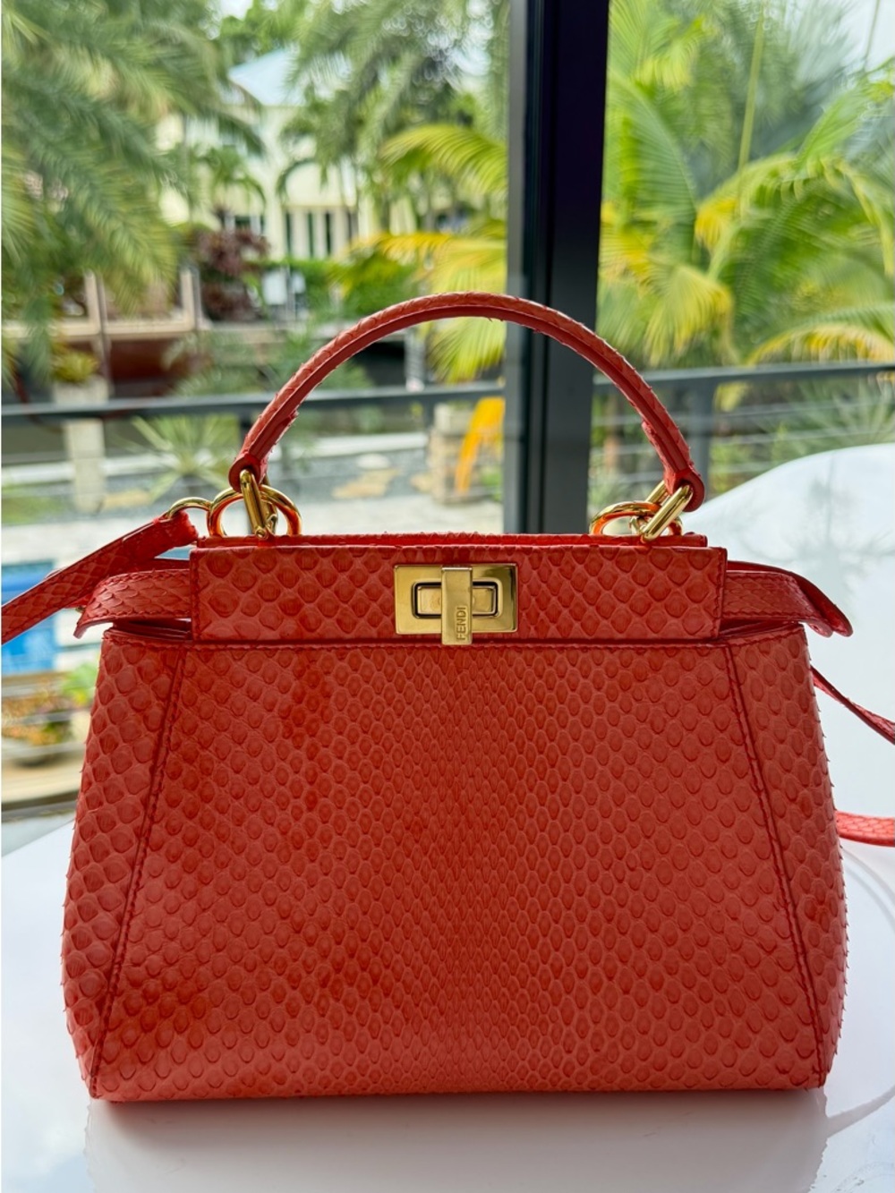 Fendi Peekaboo Python Top Handle Bag Coral Orange Exotic Leather w/ Strap